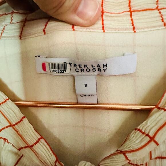 DEREK LAM 10 Crosby Cream Red Tiered Windowpane Asymmetrical Ruffle Dress Size 8 - Picture 6 of 14